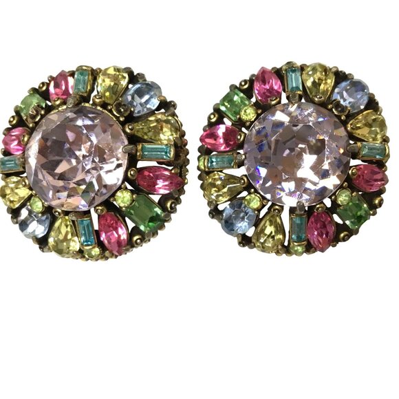 HOLLYCRAFT 1955 Vintage Rainbow Rhinestone Clip Earrings Pastel Statement - Picture 2 of 9